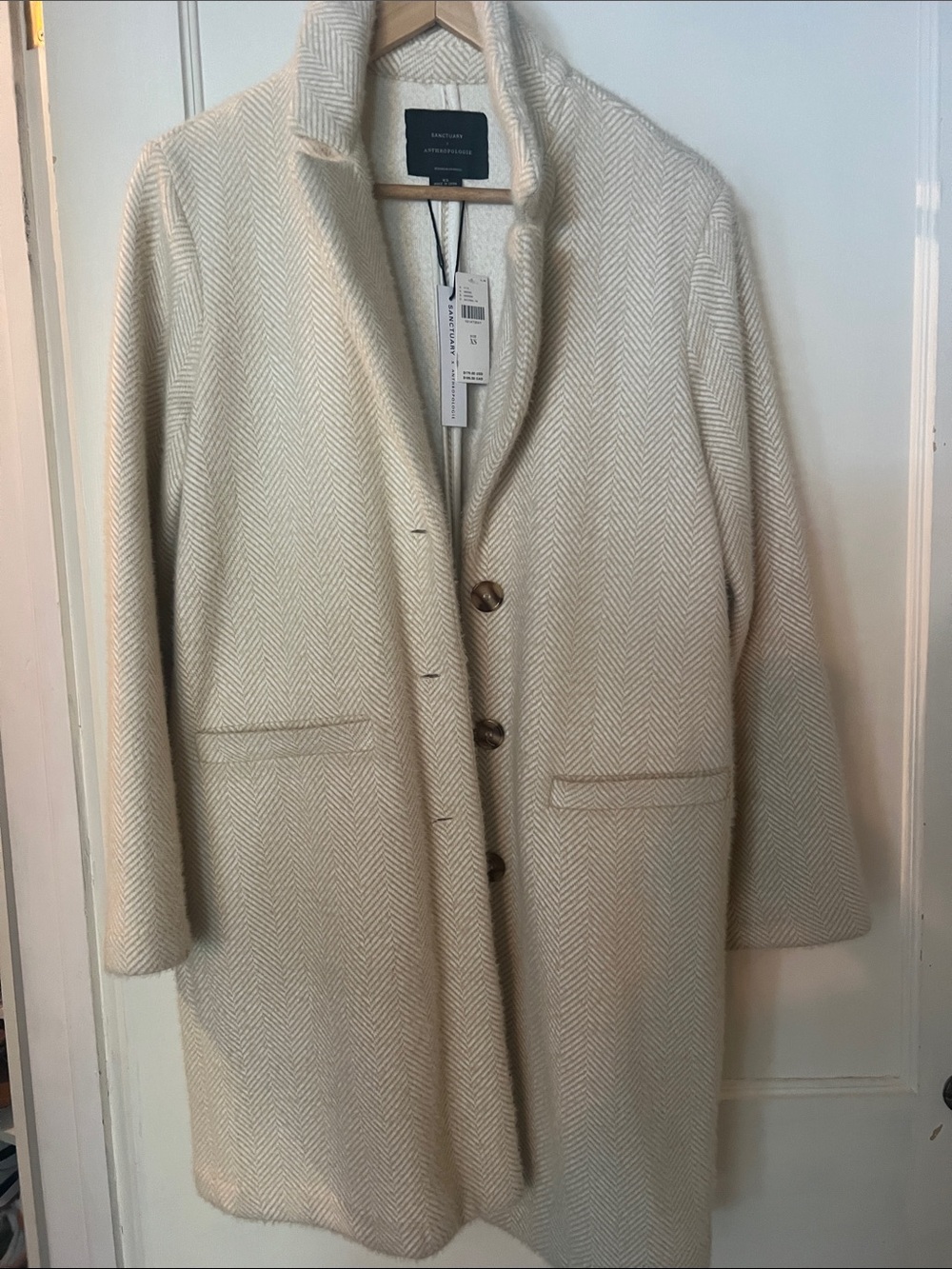 Anthropologie Ivory Herringbone Wool-Blend Pea Coat